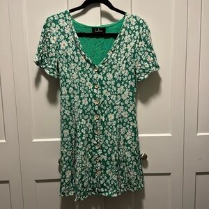 Lulus Floral Green and White Button Up Skater Dress Size M